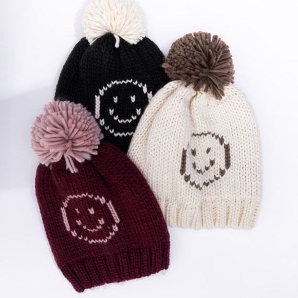Cozy Burgundy Smiley Face Pom Pom Knit Beanie - Picture 1 of 3